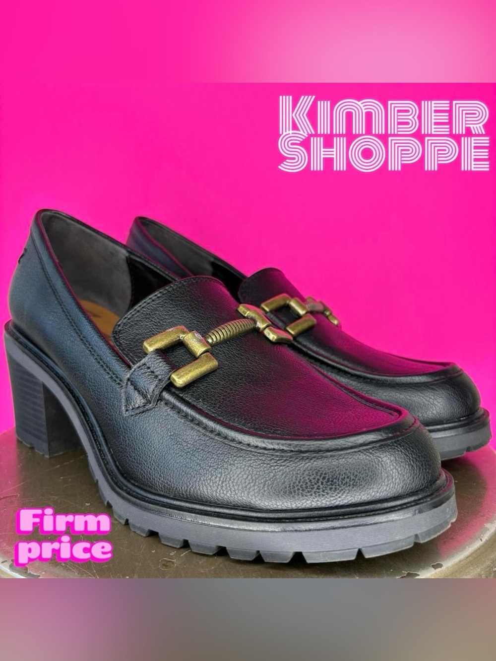 Zodiac Gemma Black Faux Leather Bit Buckle Lug Sole Heeled Loafer Pump US 9.5